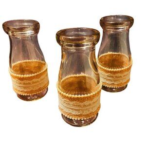 Vintage Glass Bottle Vase Set of 3 with Burlap & Lace Decor